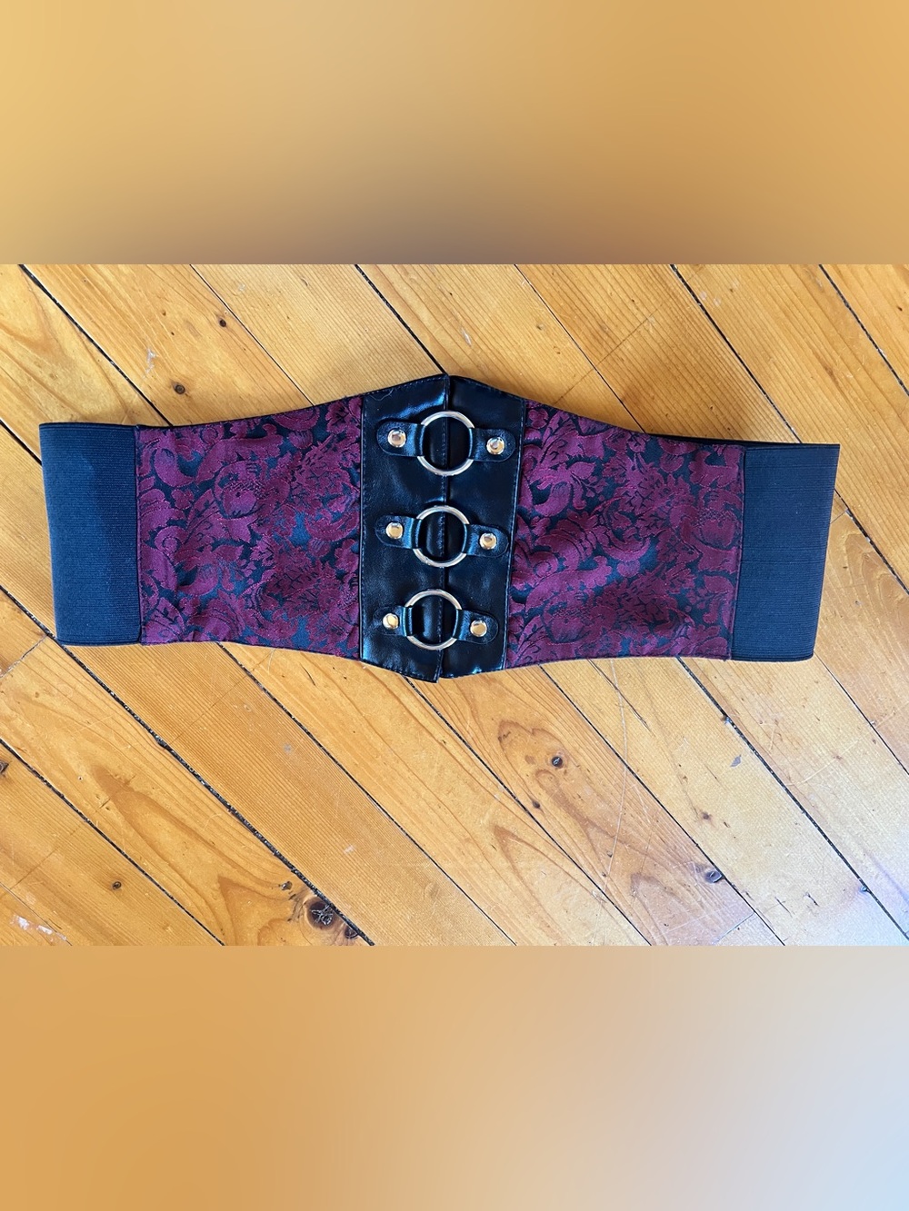 Women’s Burgundy Brocade Corset Story Belt with Black Faux Leather Trim